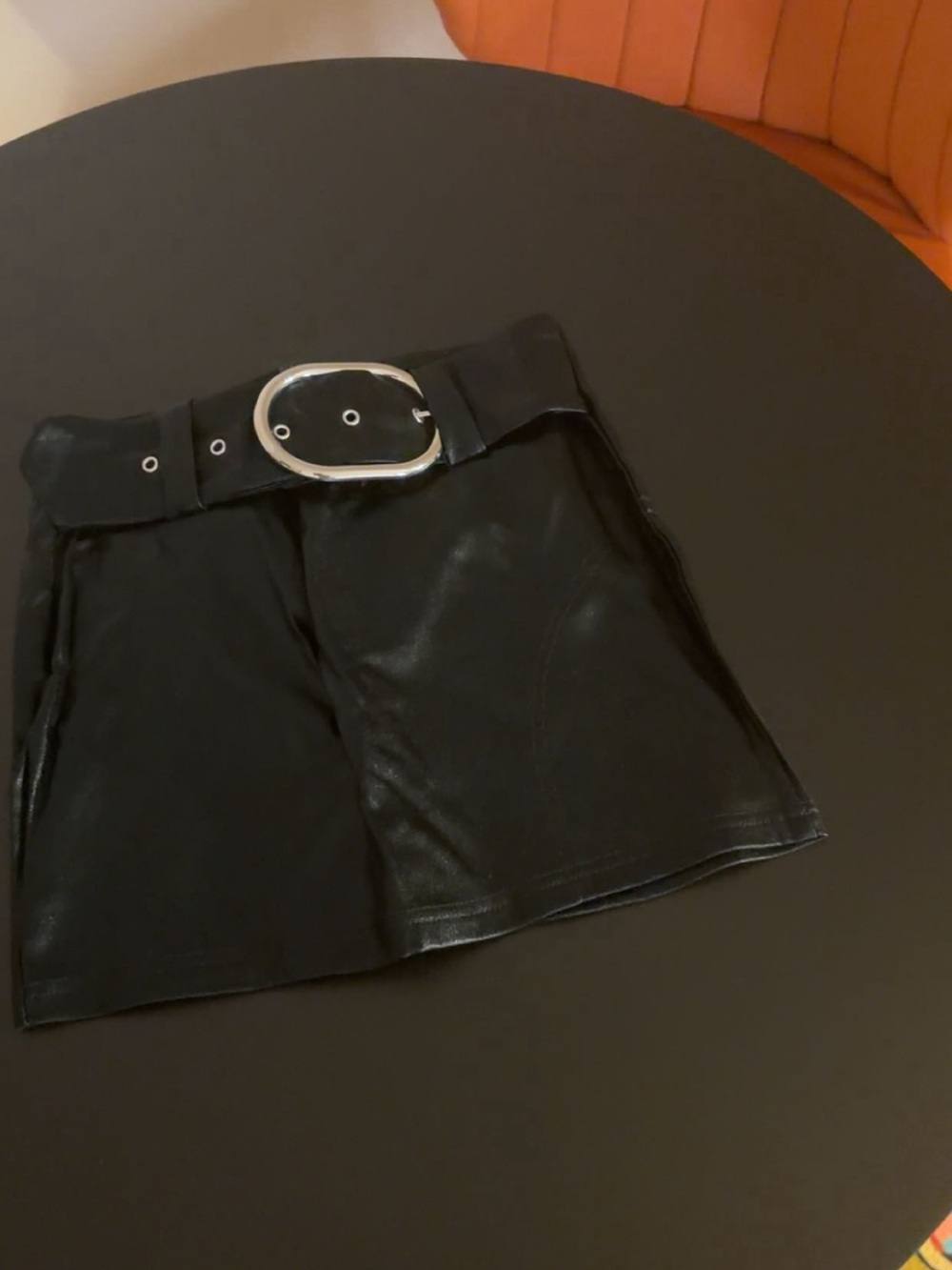 SHEIN Black Faux Leather Mini Skirt with Silver Buckle